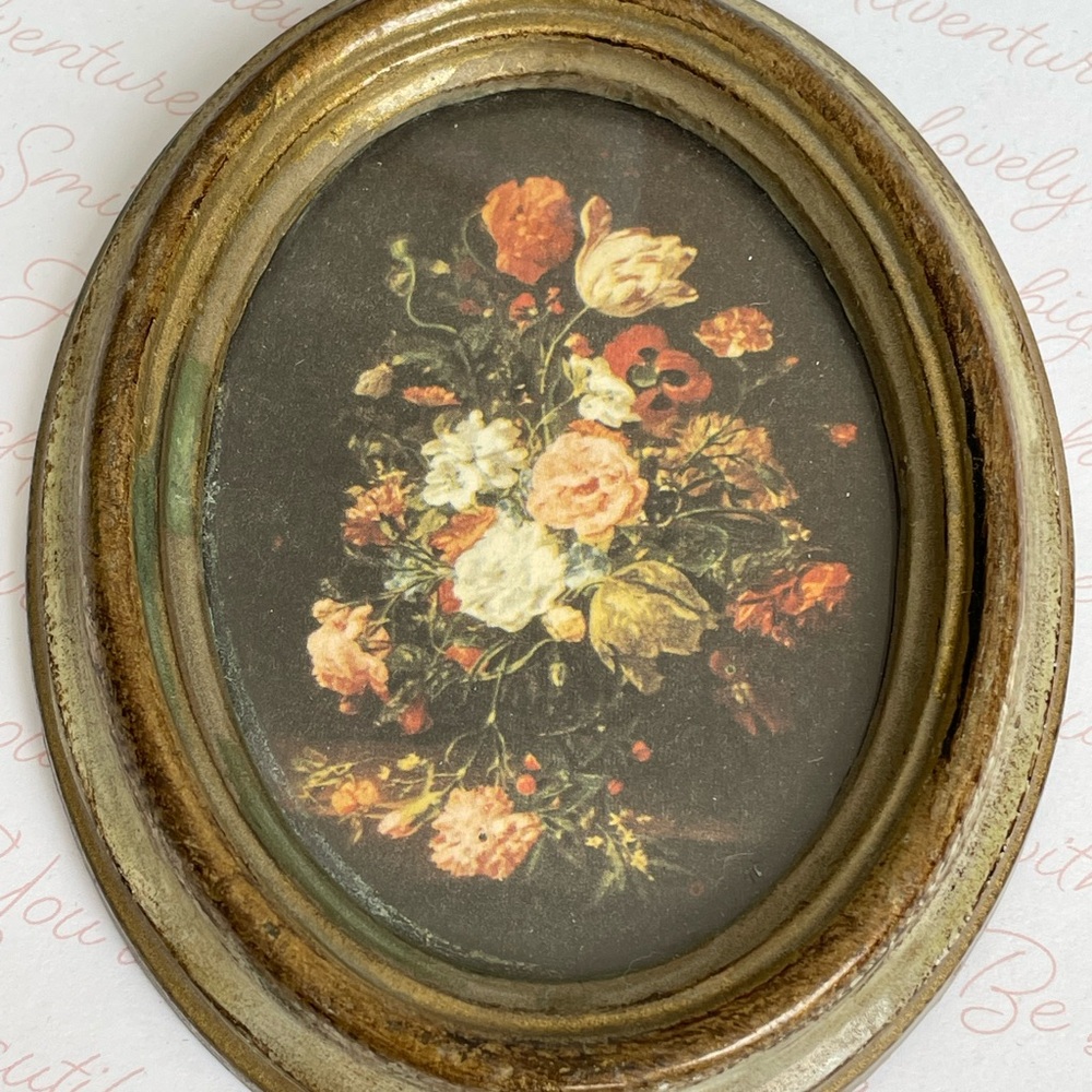 Vintage Oval Floral Miniature Wall Art Print in Gold Frame Gallery Wall 4" Tall
